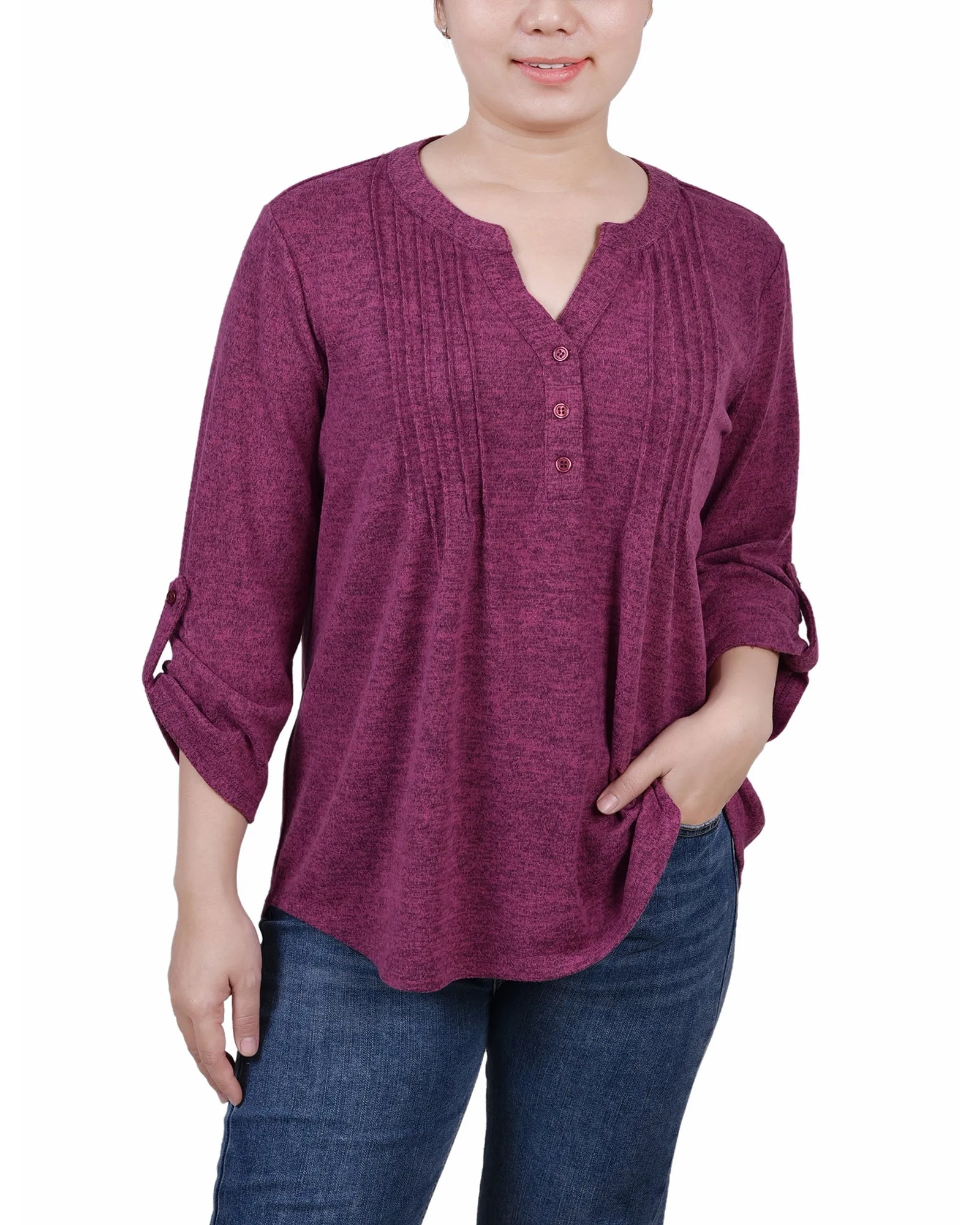 3/4 Roll Tab Sleeve Y Neck Top