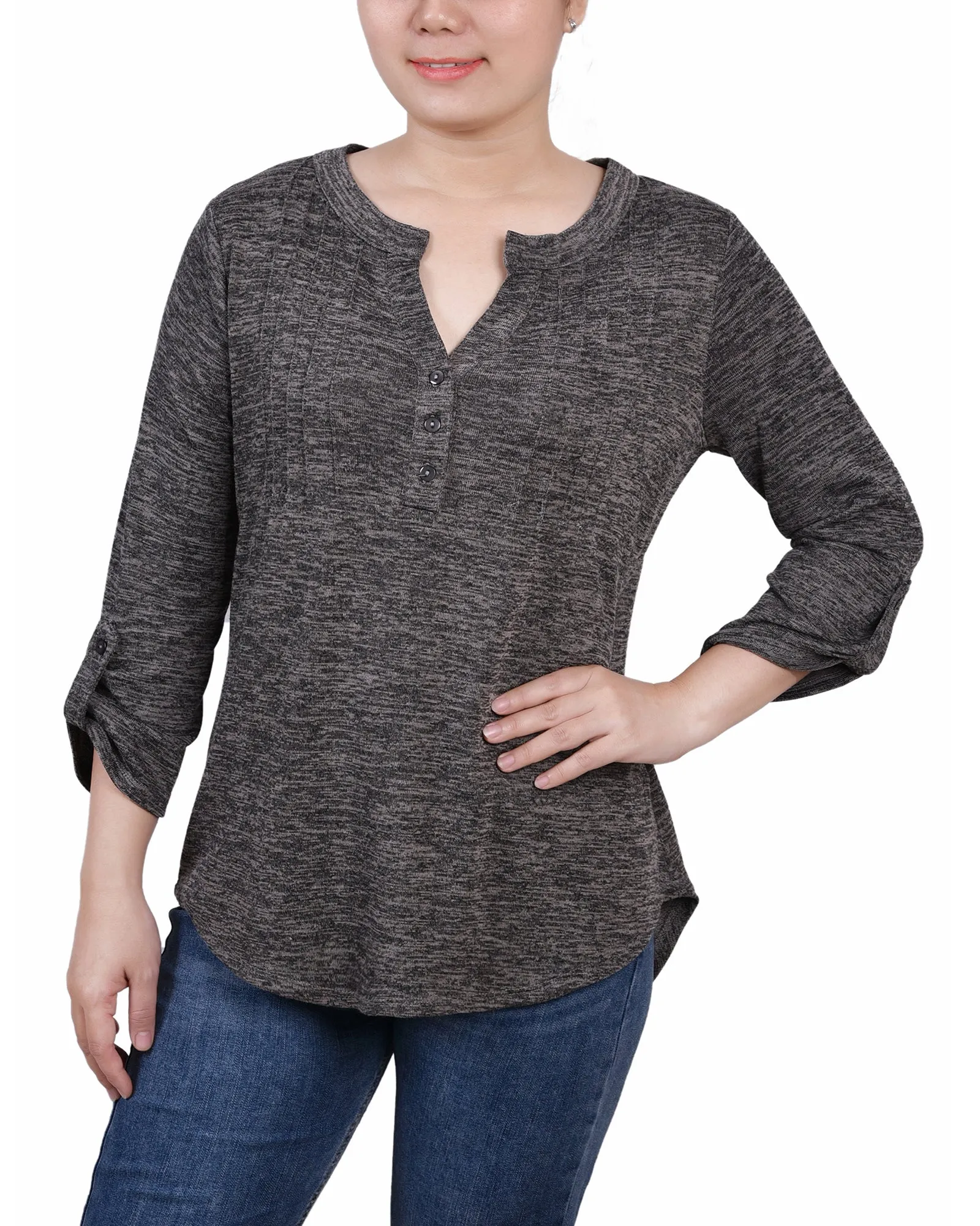 3/4 Roll Tab Sleeve Y Neck Top