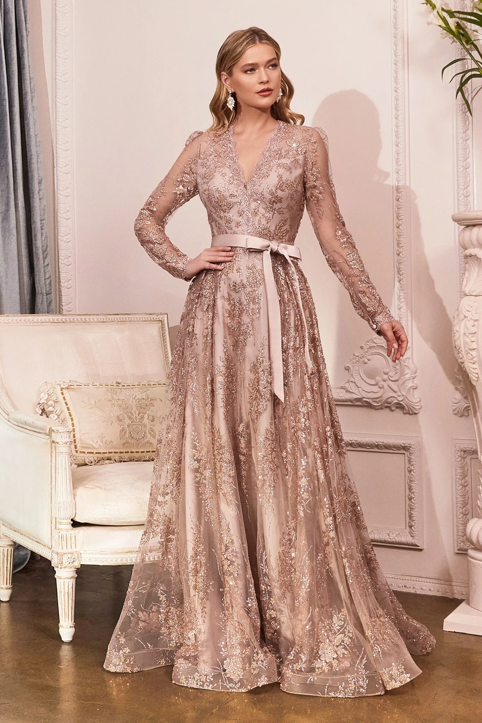 A-Line Long Sleeves Embroidered Lace V-Neck Long Mother Of The Bride Dress CDCD233C