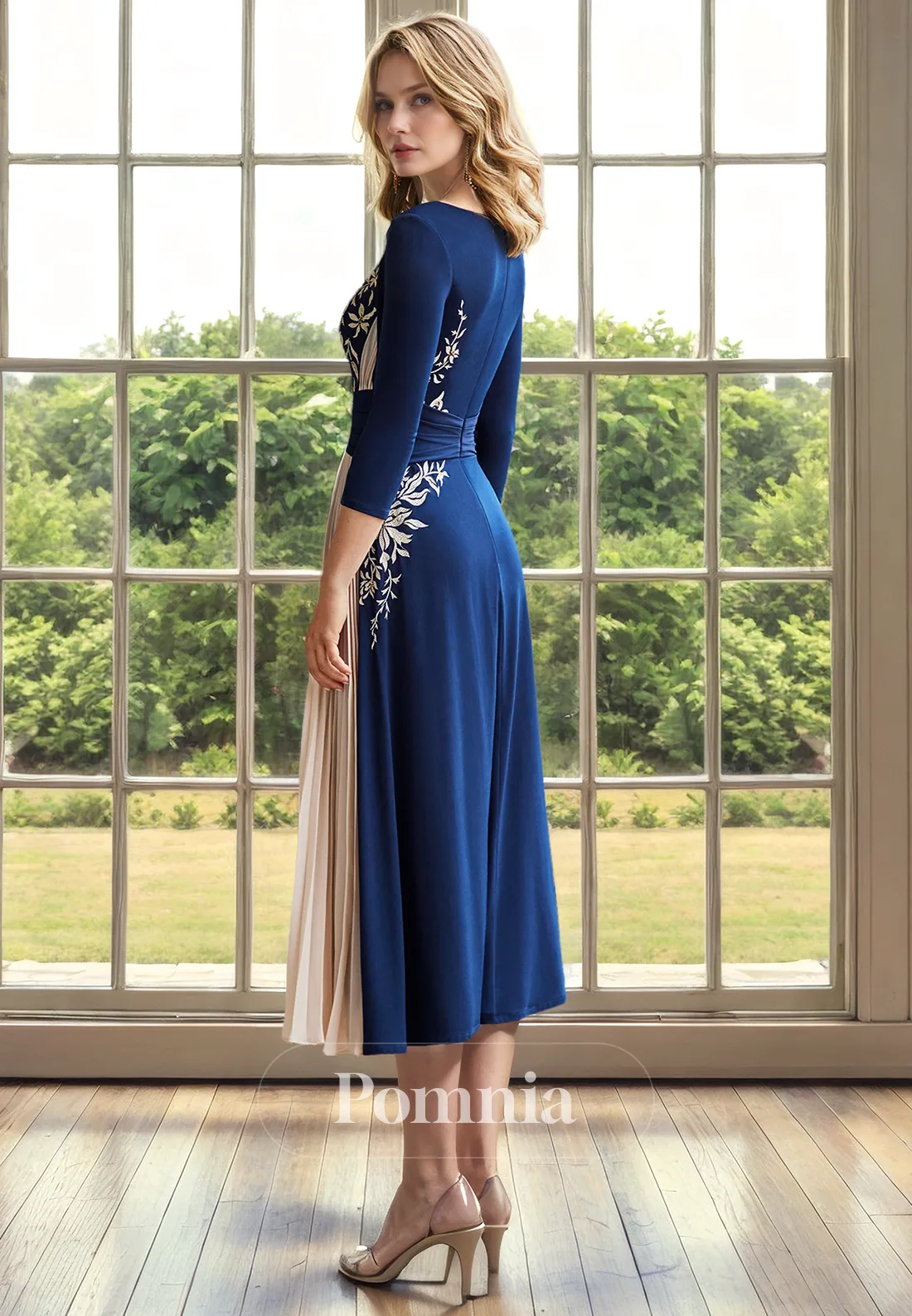 A-Line Scoop Appliques Long Sleeves Pleated Empire-Waist Mother of Bride Dress