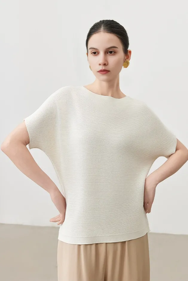 Batwing Sleeve Silk Blend Boat Neck Knit Top