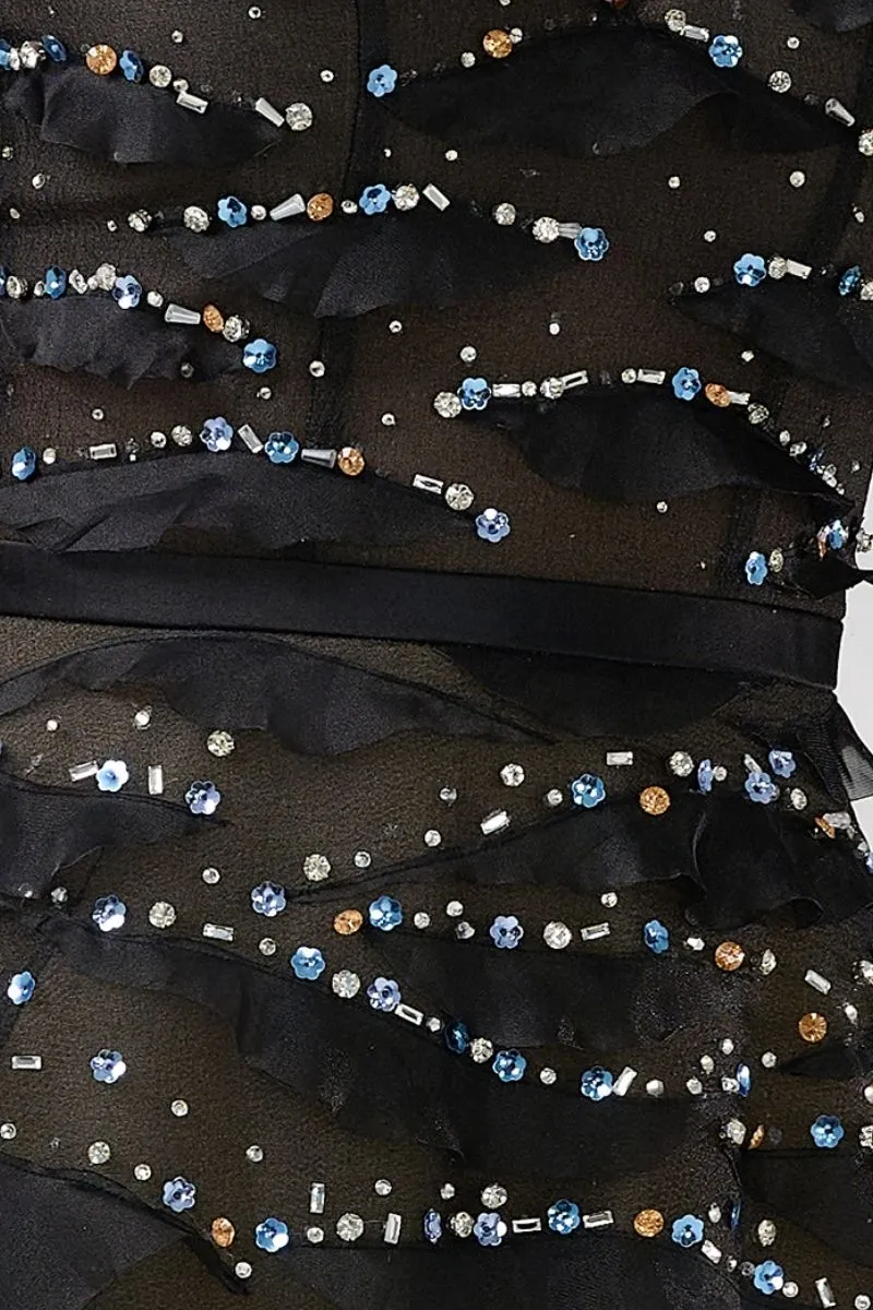 BLACK LAYERED FLOOR LENGTH GOWN WITH SCARF