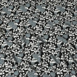 Black Premium pure silk crepe fabric with grey and white print in floral design-D17196