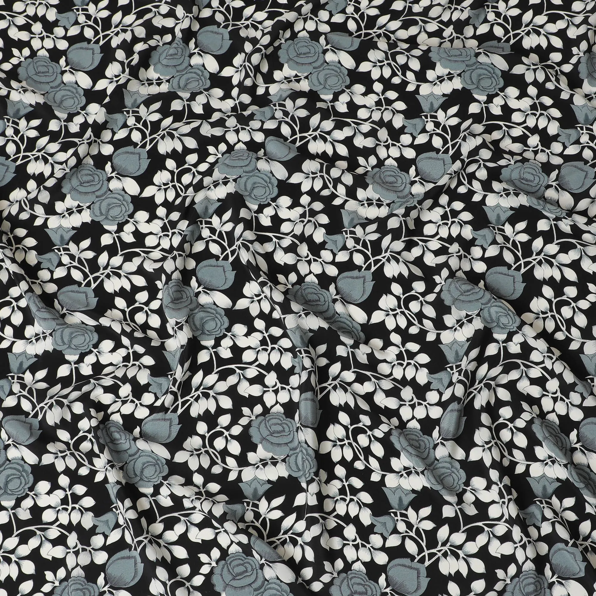Black Premium pure silk crepe fabric with grey and white print in floral design-D17196