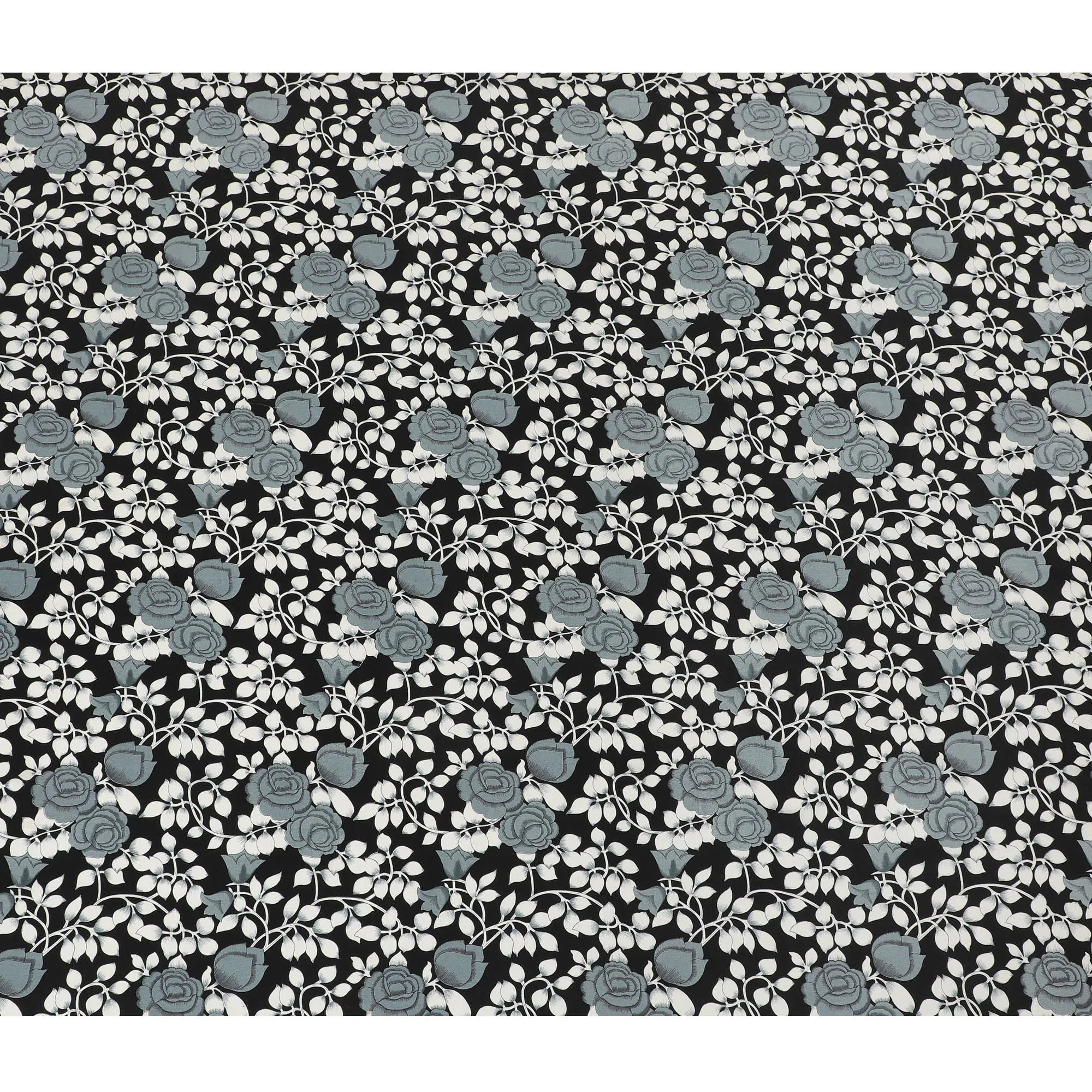 Black Premium pure silk crepe fabric with grey and white print in floral design-D17196