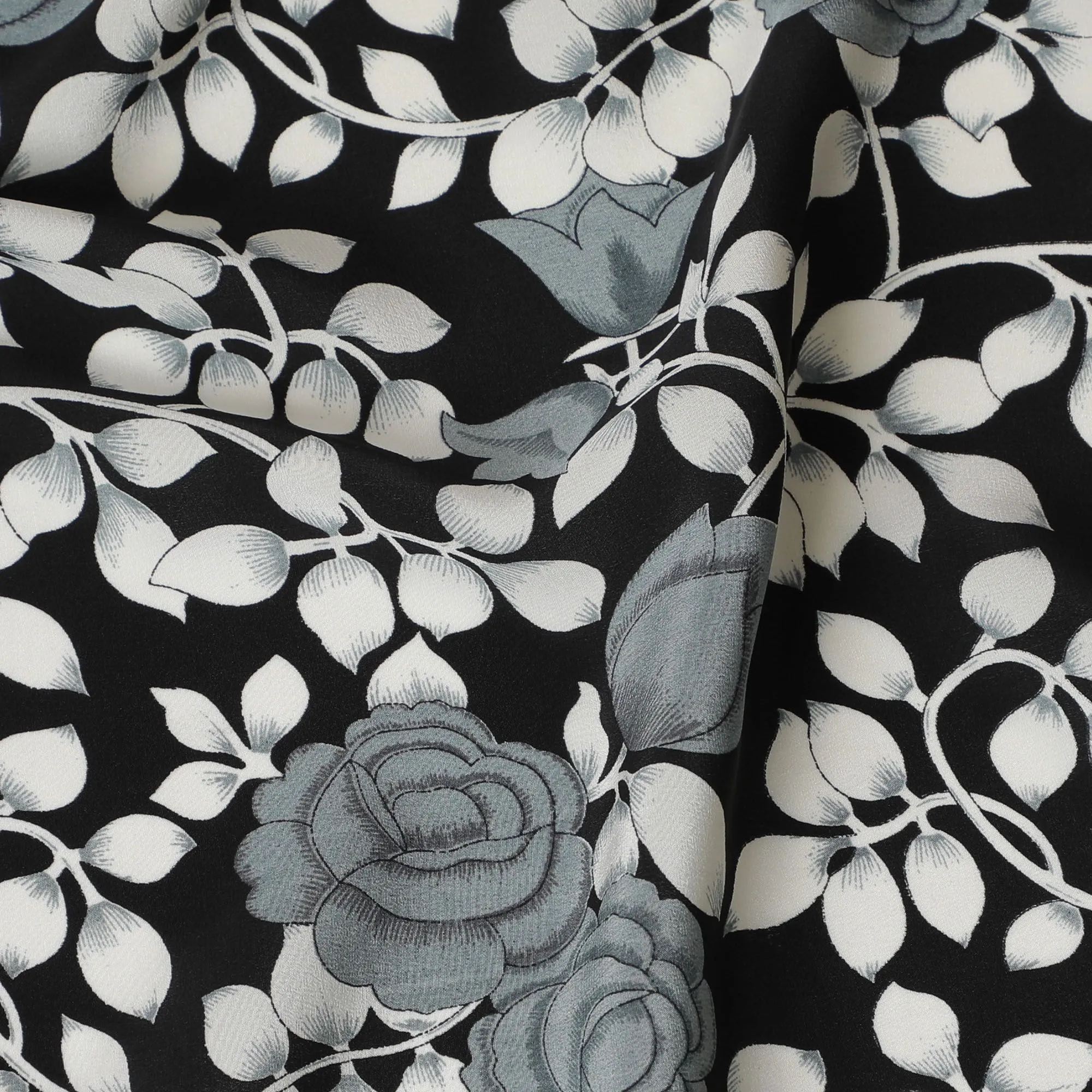 Black Premium pure silk crepe fabric with grey and white print in floral design-D17196
