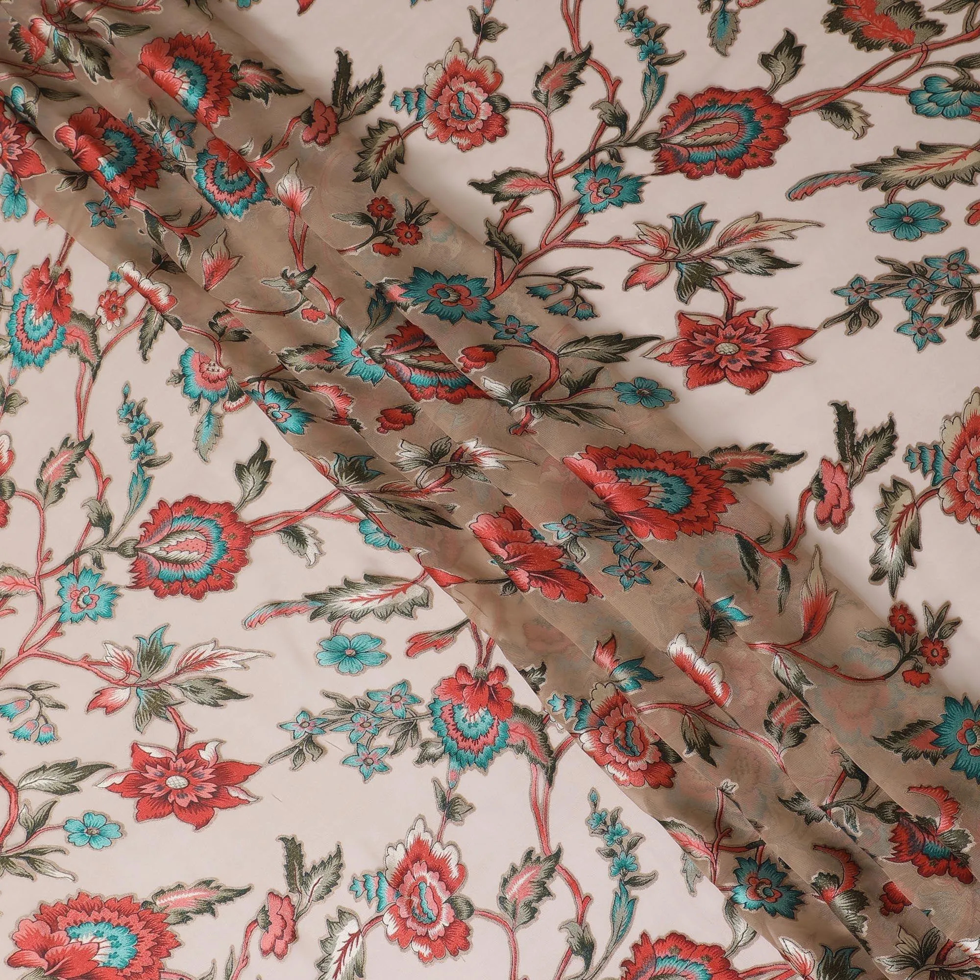 Brown synthetic chiffon fabric with multicolor print having jacquard in floral design-D13771