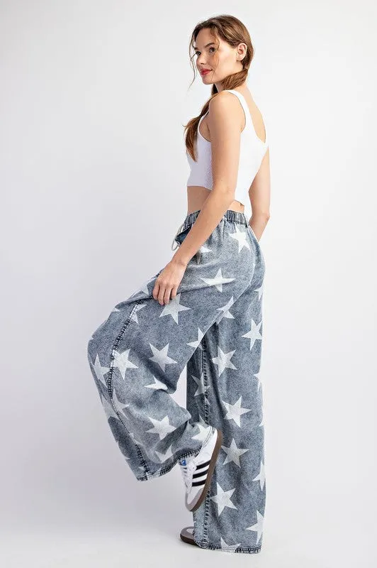 Denim Mineral Washed Star Printed Straight Leg Pants