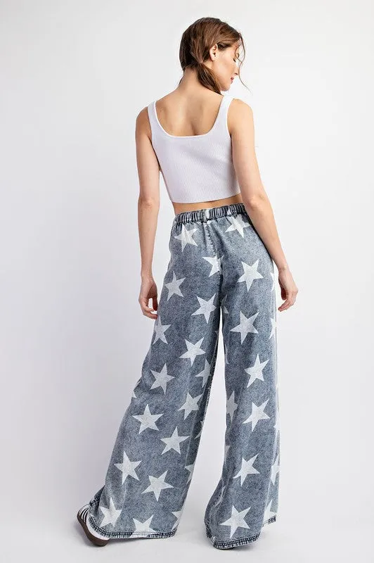 Denim Mineral Washed Star Printed Straight Leg Pants