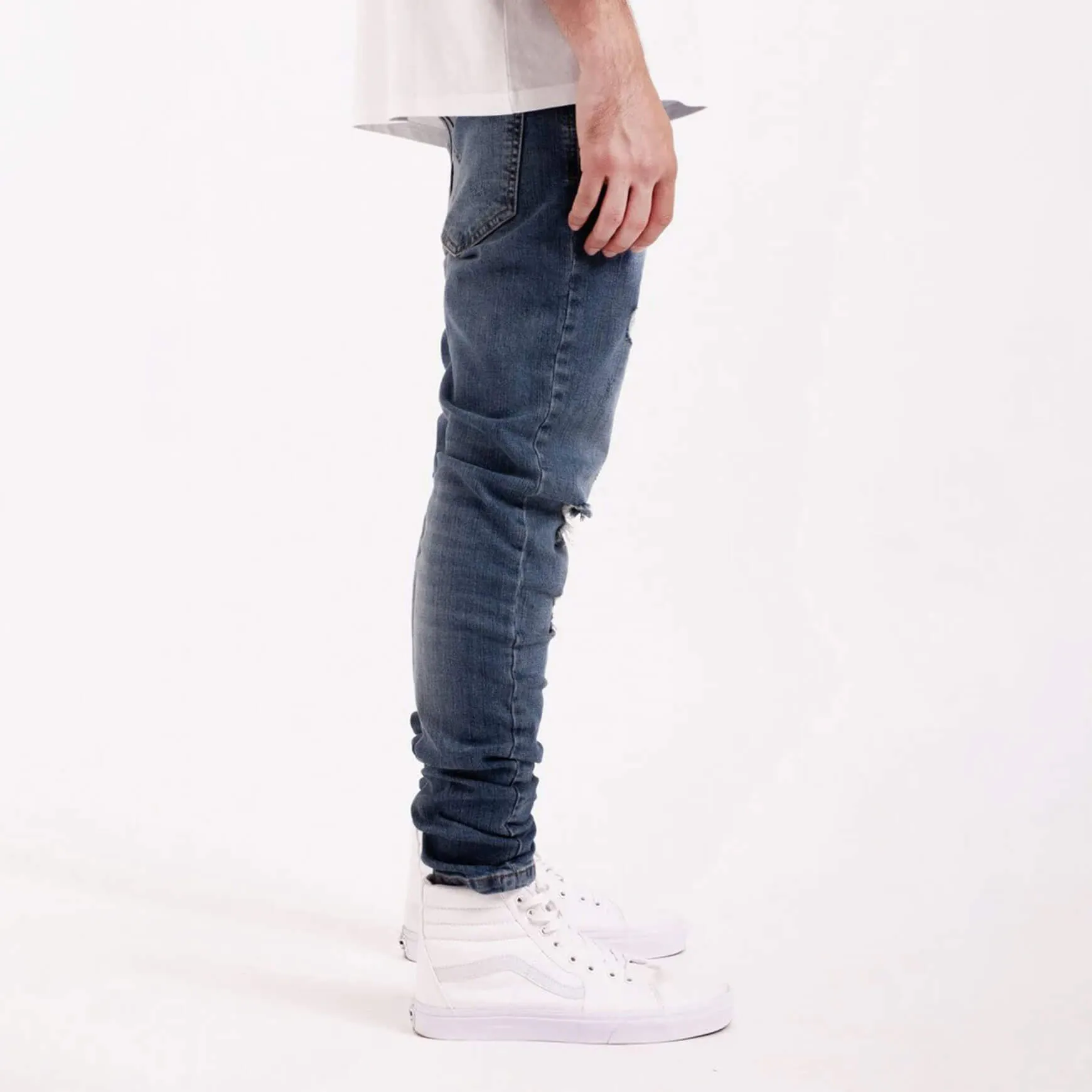 Destroyed Tapered Denim Contrast Mid Blue