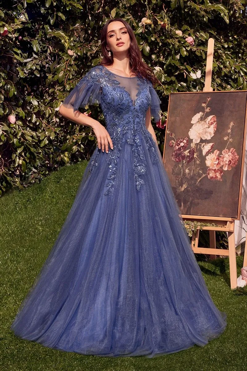 EMBELLISHED LACE LAYERED TULLE  BALL GOWN W/ILLUSION V-NECKLINE & SHORT SLEEVES