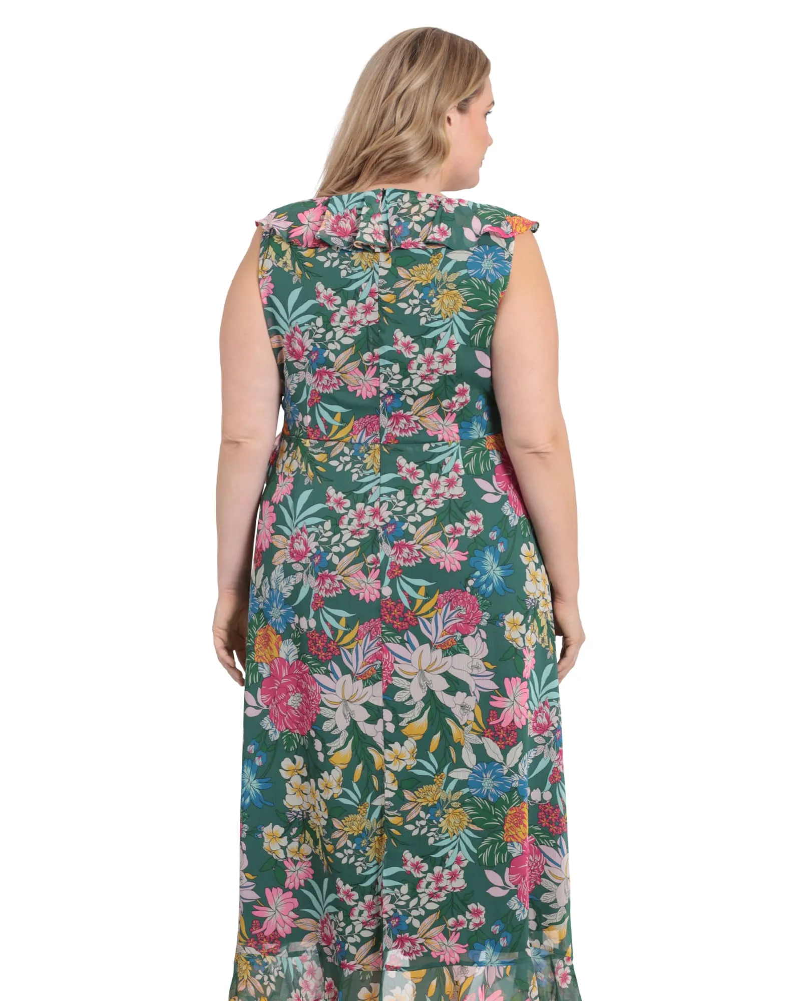 Floral side tie ruffle wrap maxi dress | Green/Pink