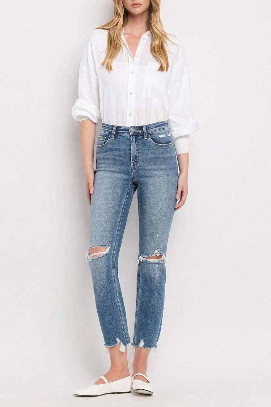 Flying Monkey - High Rise Distressed Hem Ankle Slim Straight Jeans - F5022