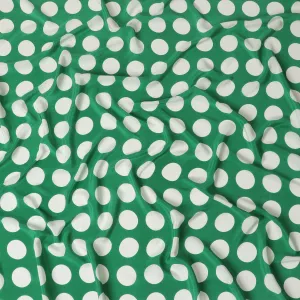 Green Premium pure silk crepe fabric with white print in dot design-D17208