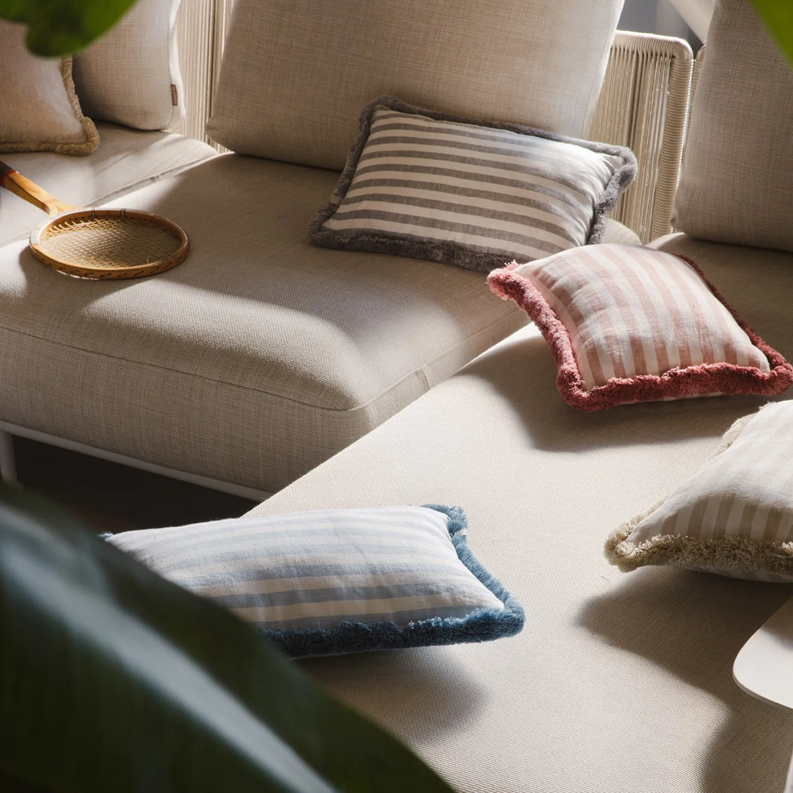 HAPPY LINEN PILLOW | STRIPED WHITE WITH LIGHT BLUE FRINGES SOFT LINEN CUSHION WITH COTTON FRINGES