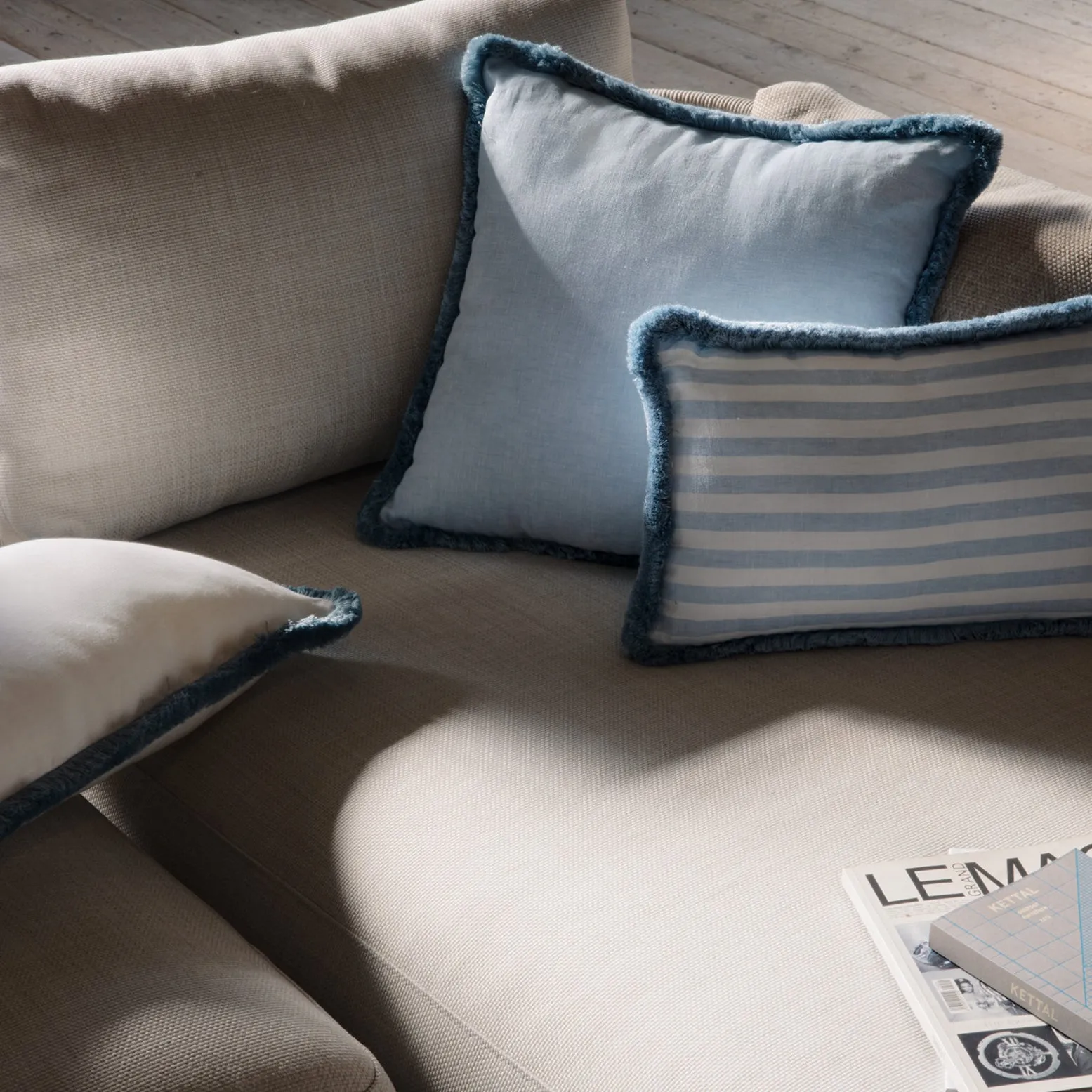 HAPPY LINEN PILLOW | STRIPED WHITE WITH LIGHT BLUE FRINGES SOFT LINEN CUSHION WITH COTTON FRINGES