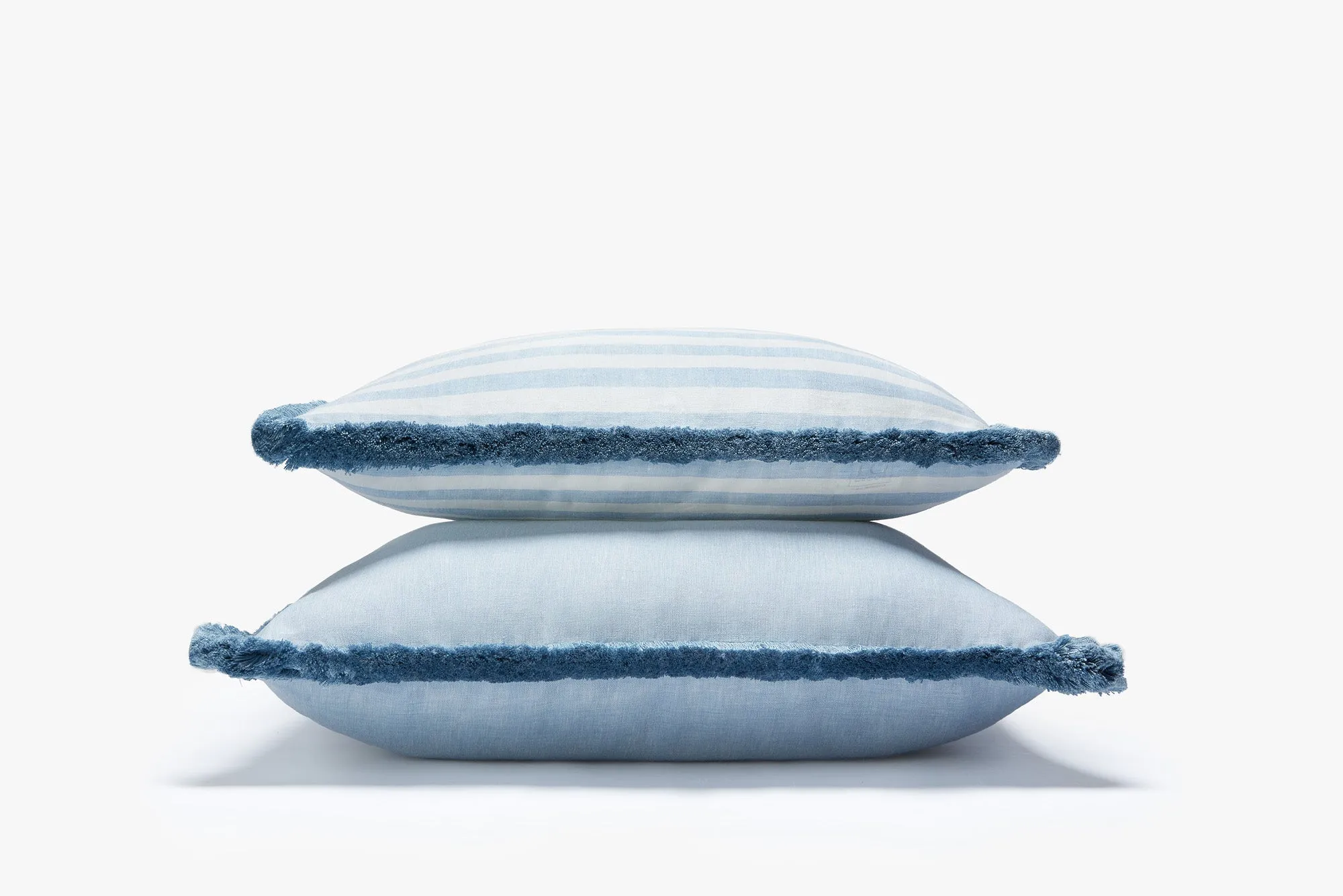 HAPPY LINEN PILLOW | STRIPED WHITE WITH LIGHT BLUE FRINGES SOFT LINEN CUSHION WITH COTTON FRINGES