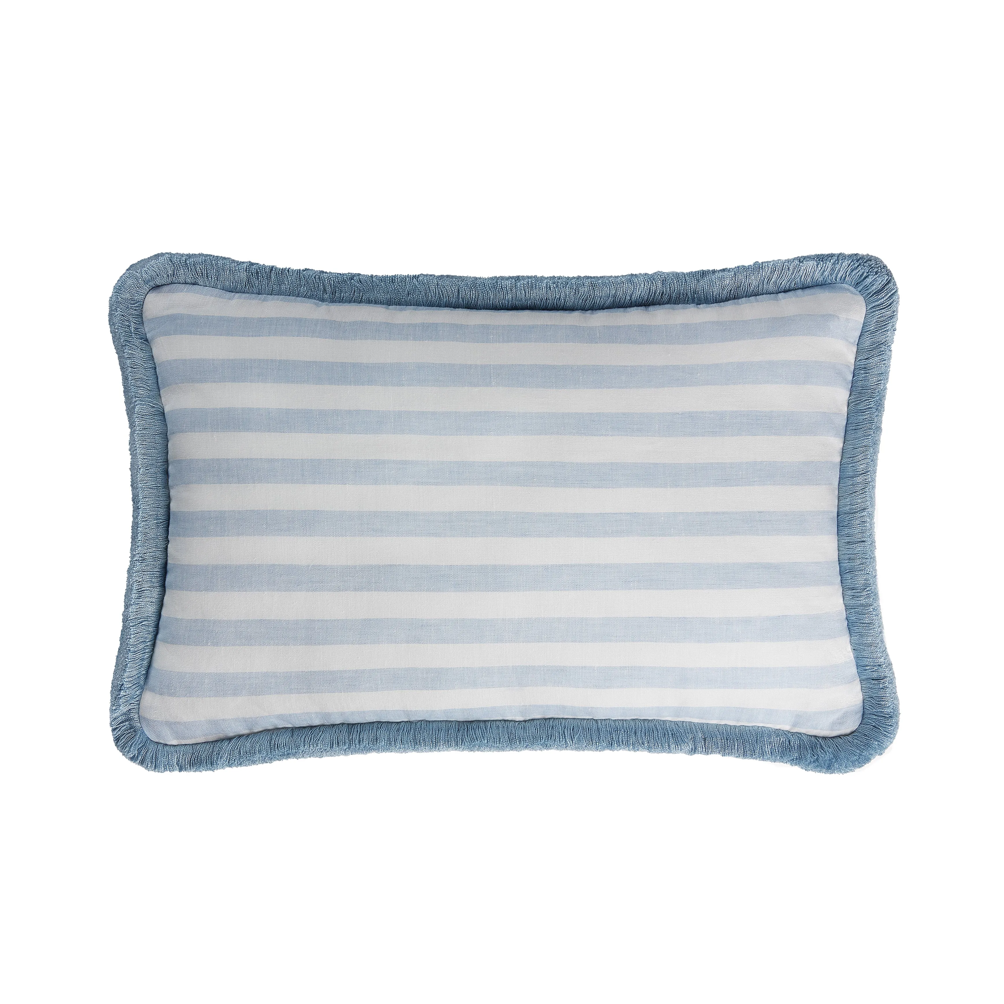 HAPPY LINEN PILLOW | STRIPED WHITE WITH LIGHT BLUE FRINGES SOFT LINEN CUSHION WITH COTTON FRINGES
