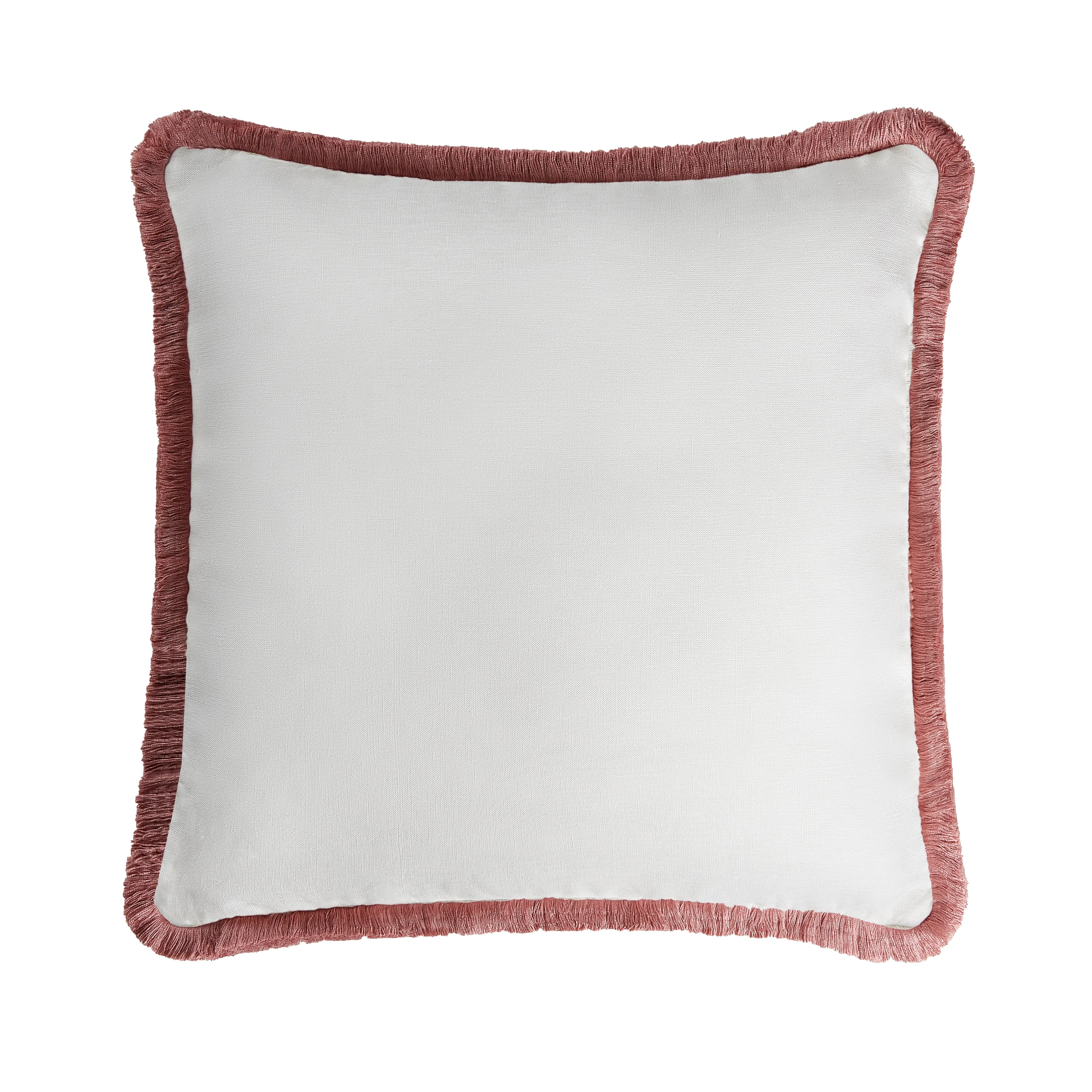 HAPPY LINEN PILLOW | WHITE WITH LIGHT PINK FRINGES  SOFT LINEN CUSHION WITH COTTON FRINGES