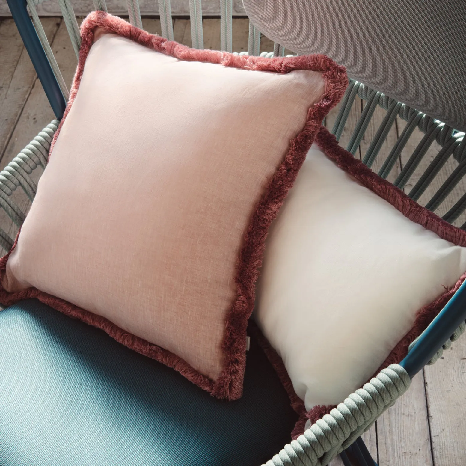 HAPPY LINEN PILLOW | WHITE WITH LIGHT PINK FRINGES  SOFT LINEN CUSHION WITH COTTON FRINGES
