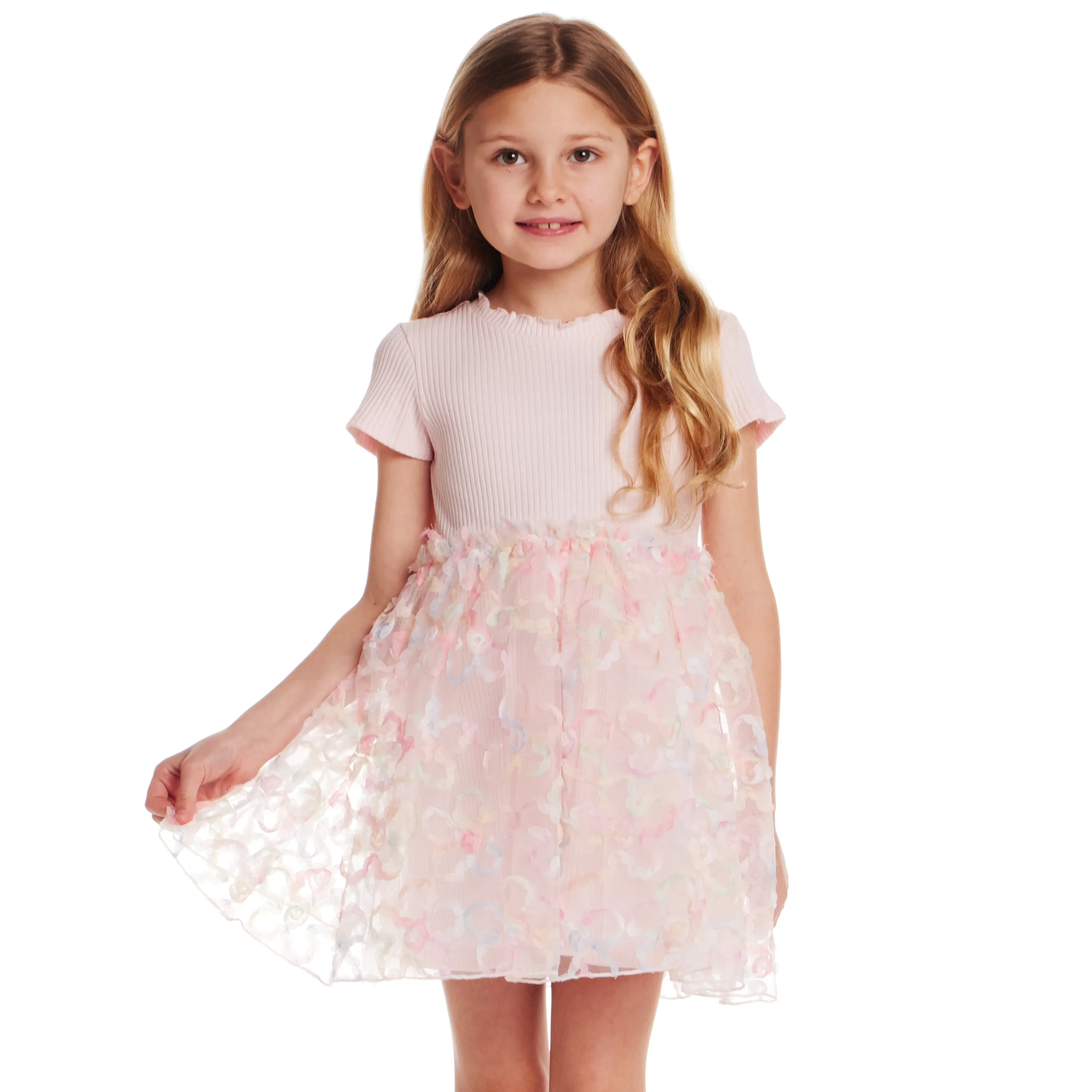 Kids (2-6x) Rib Knit Dress with 3D Floral Tulle Skirt | Light Pink