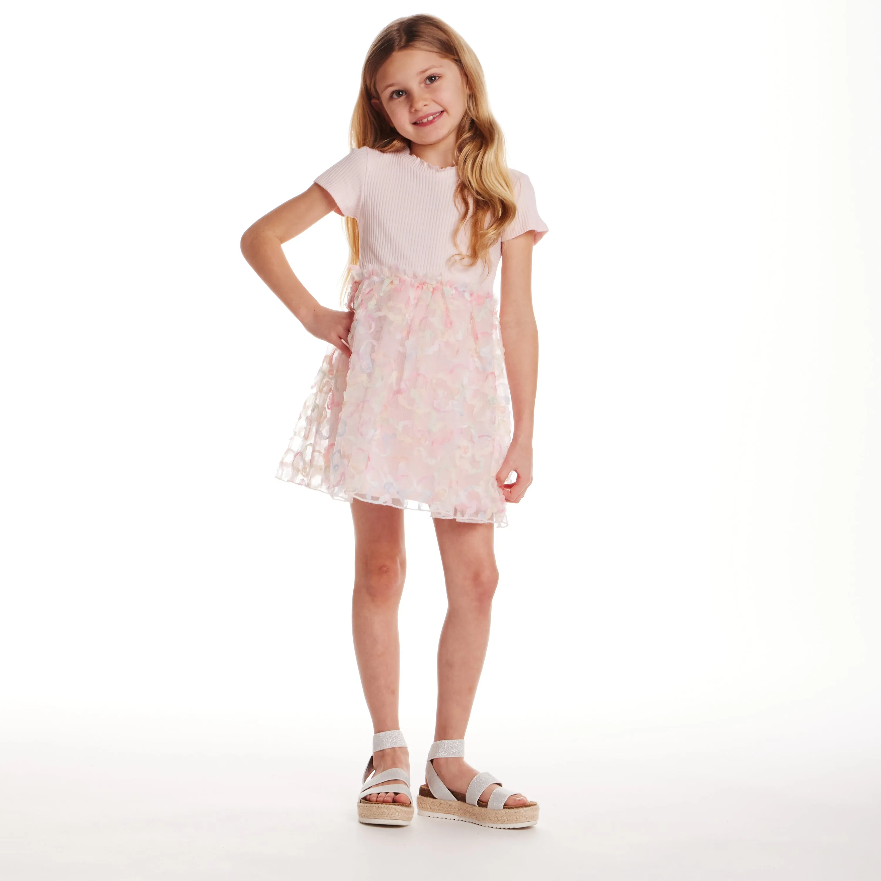 Kids (2-6x) Rib Knit Dress with 3D Floral Tulle Skirt | Light Pink