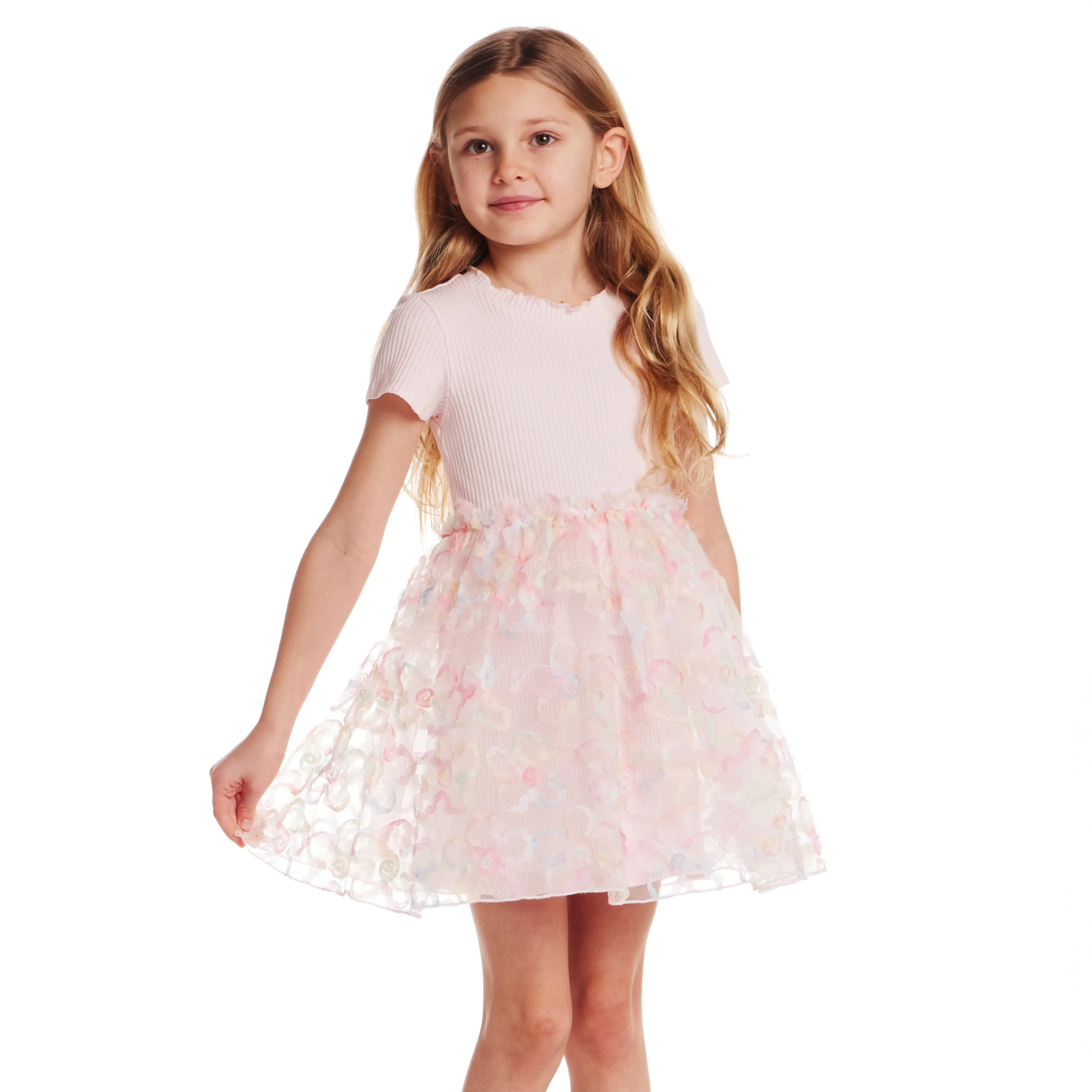 Kids (2-6x) Rib Knit Dress with 3D Floral Tulle Skirt | Light Pink