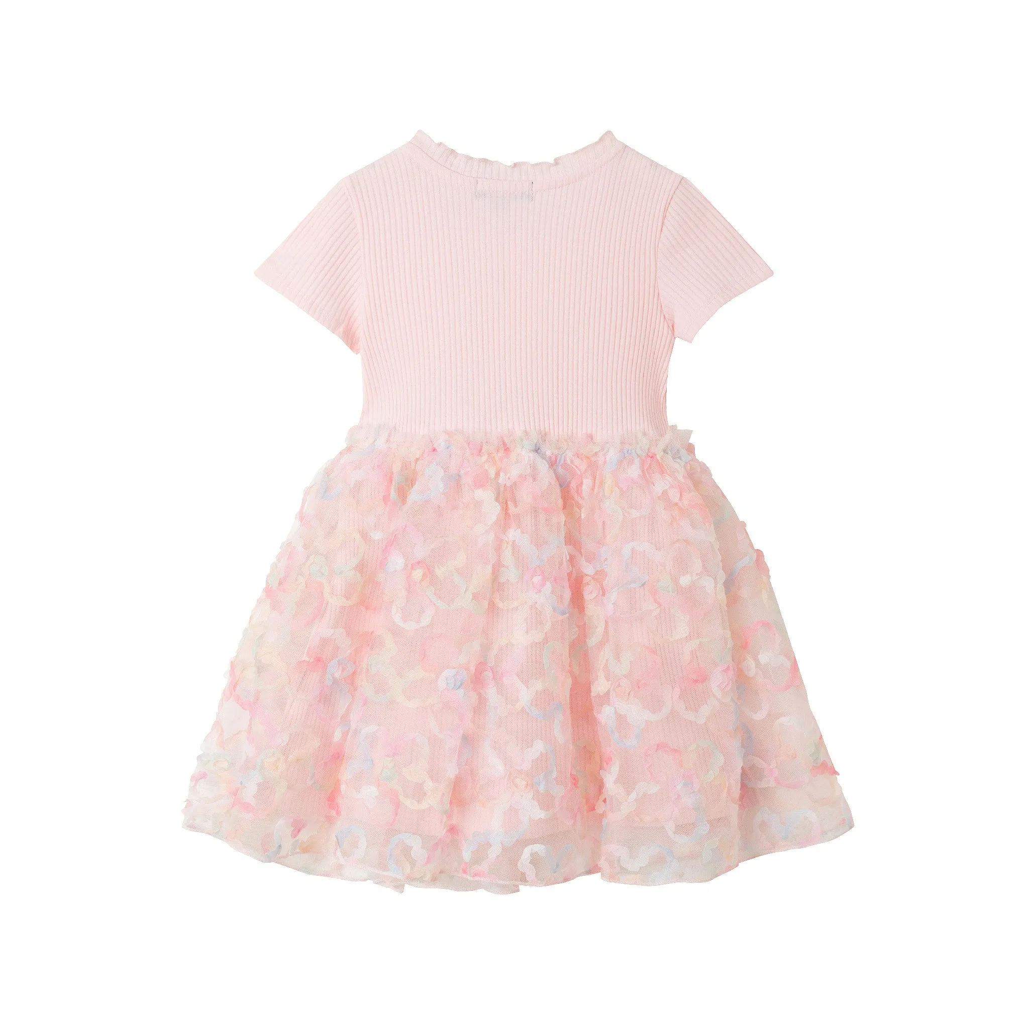 Kids (2-6x) Rib Knit Dress with 3D Floral Tulle Skirt | Light Pink