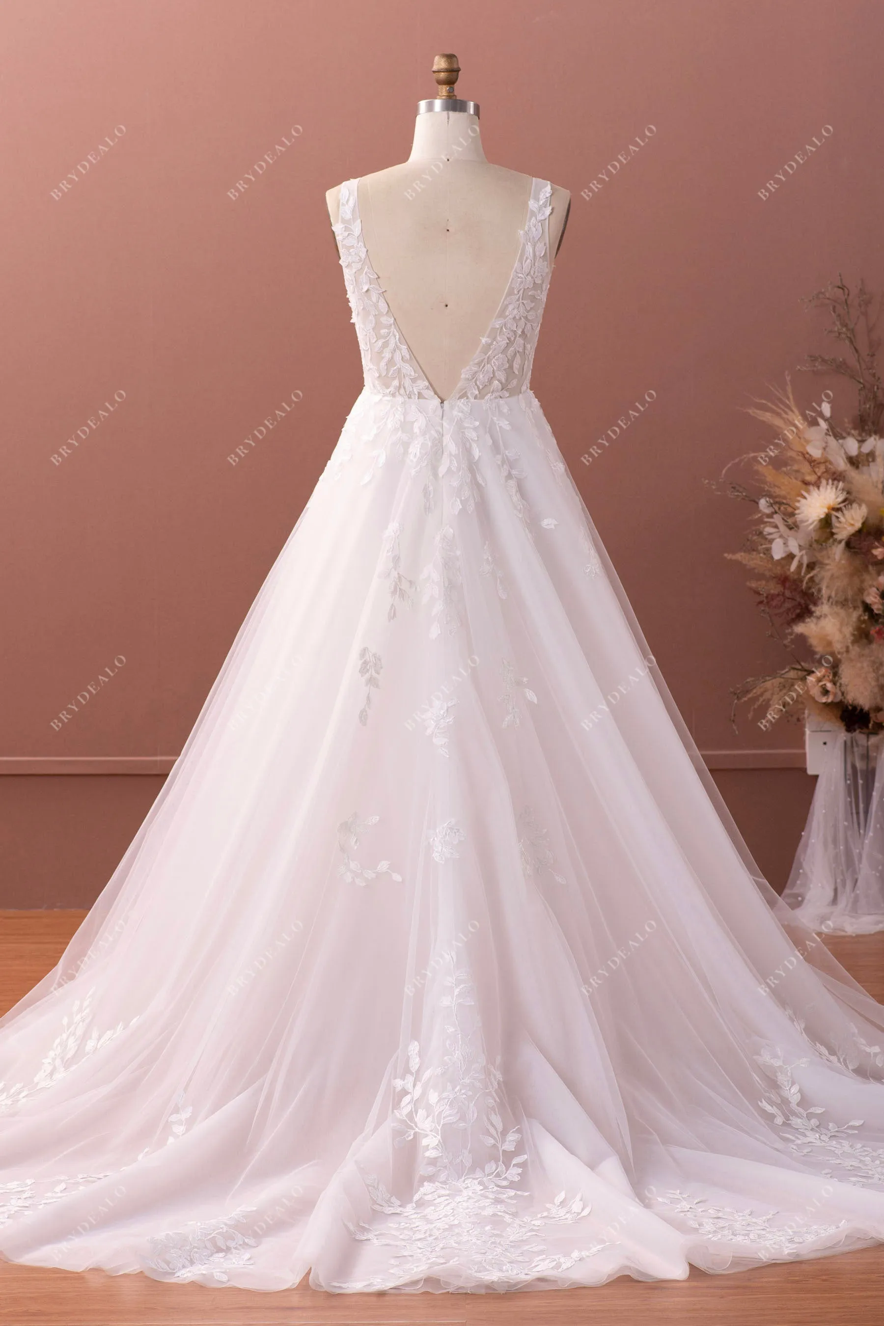 Leaf Lace Tulle Elegant Fall Wedding Ball Gown
