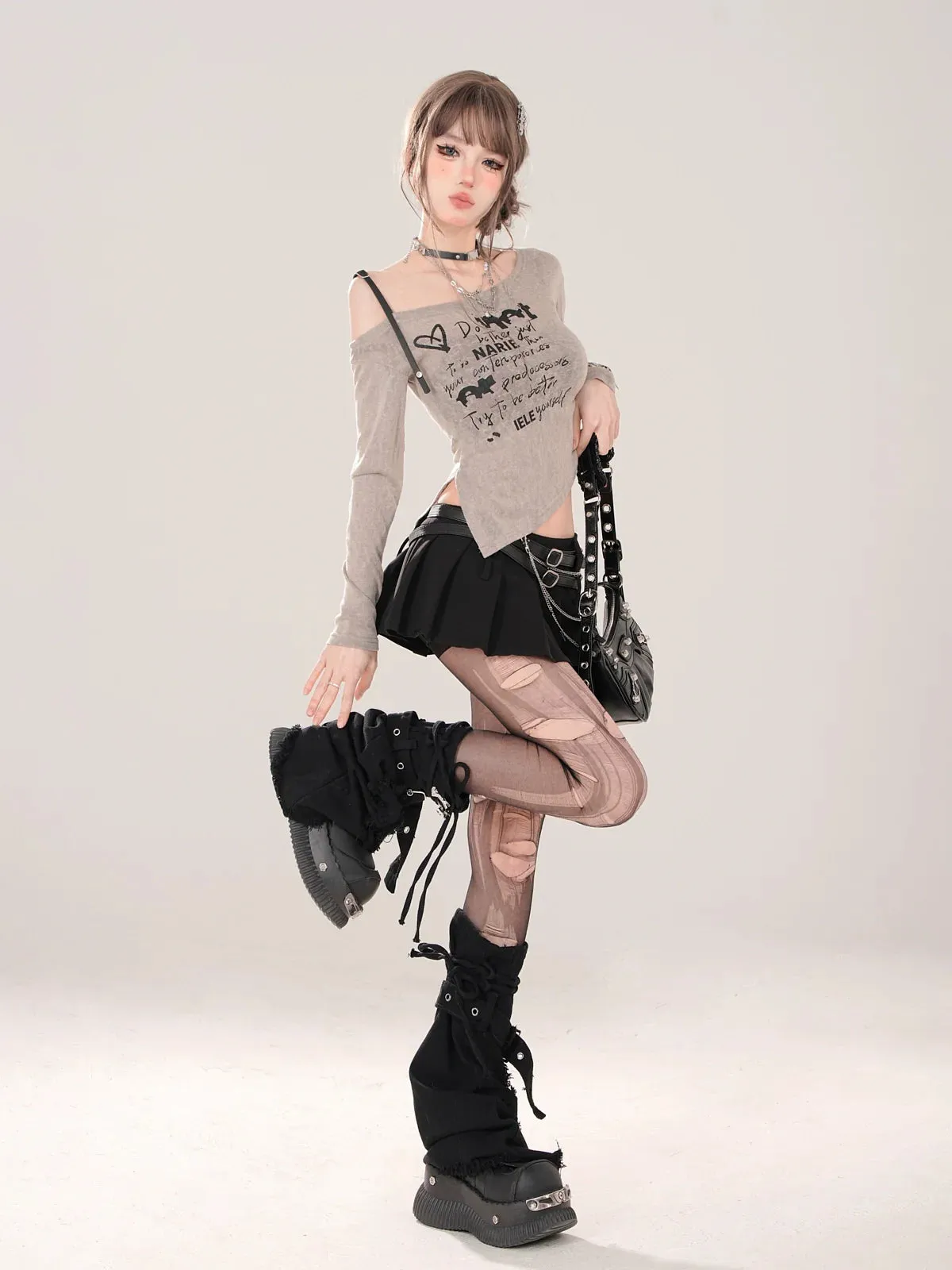 Long Slit Straps Off-Shoulder Irregular T-Sheer