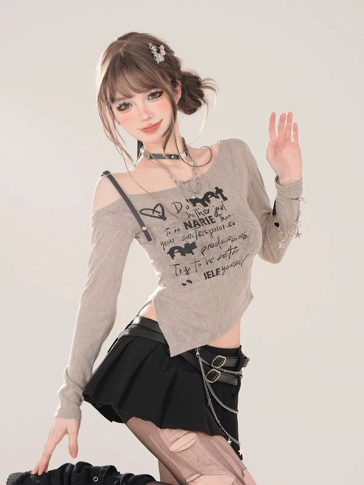 Long Slit Straps Off-Shoulder Irregular T-Sheer