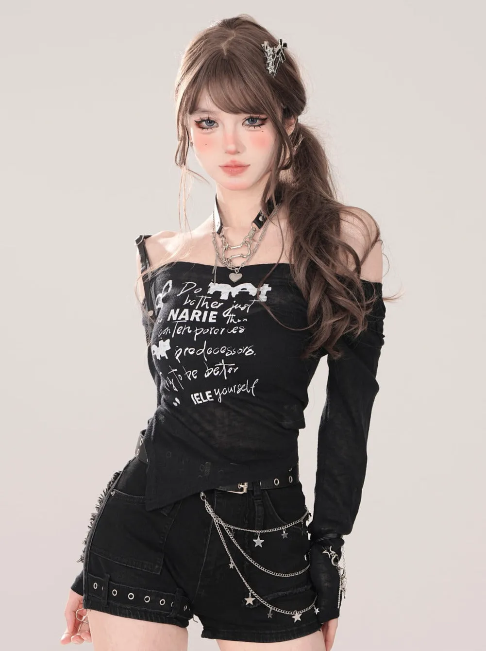 Long Slit Straps Off-Shoulder Irregular T-Sheer