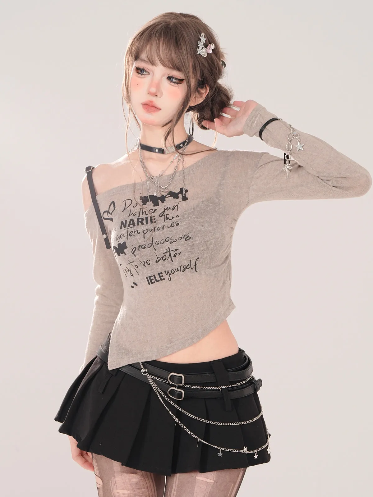 Long Slit Straps Off-Shoulder Irregular T-Sheer