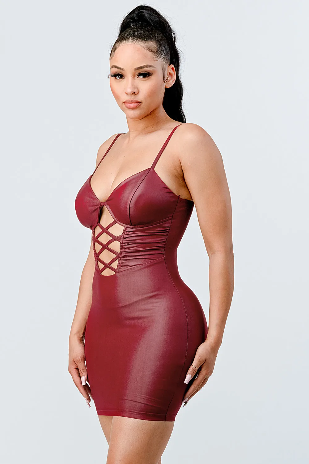 LUX COATING CRISS CROSS BODYCON MINI DRESS