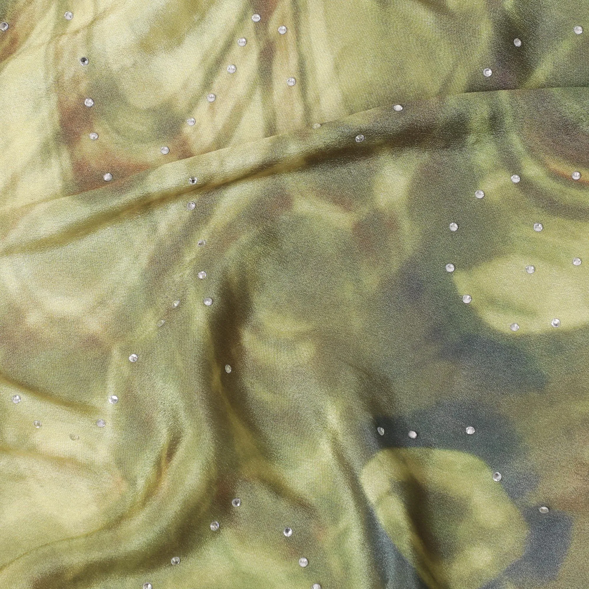 Mehindi green synthetic crepe fabric with multicolor print having stone work in floral design-D15291