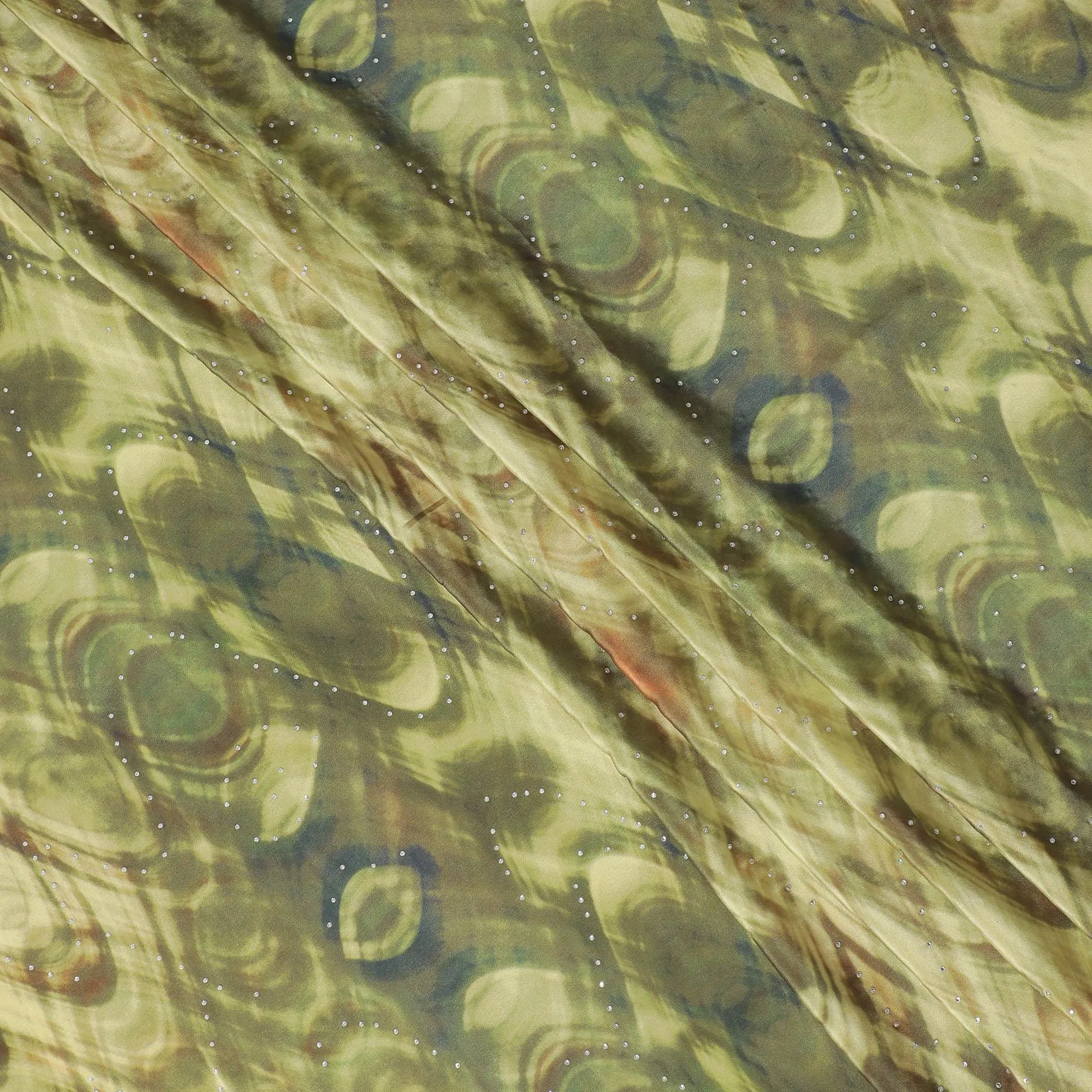 Mehindi green synthetic crepe fabric with multicolor print having stone work in floral design-D15291