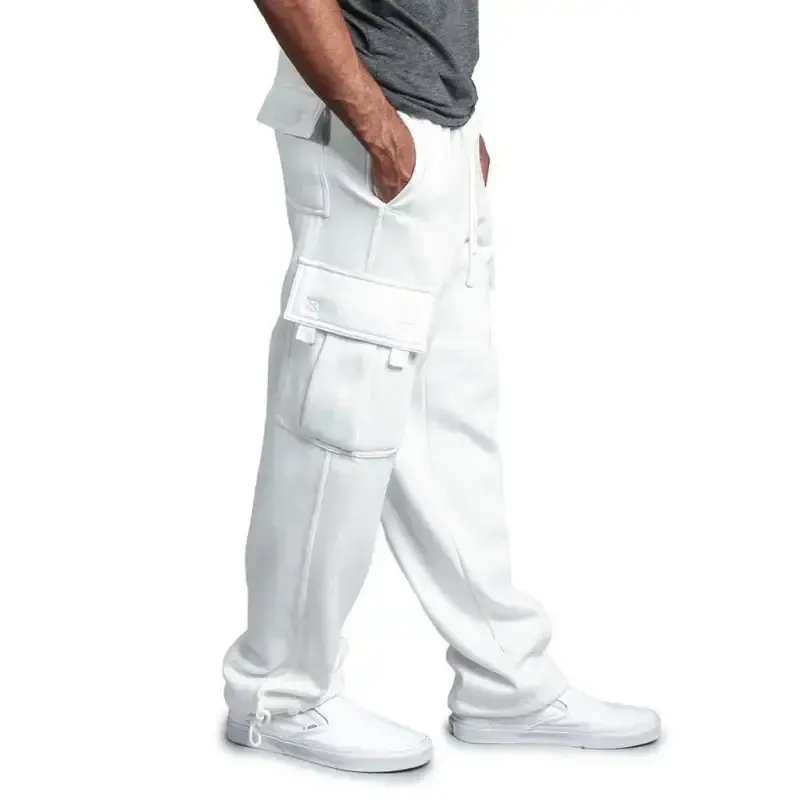 Men’s solid color elastic waist multi-pocket loose fit cargo pants