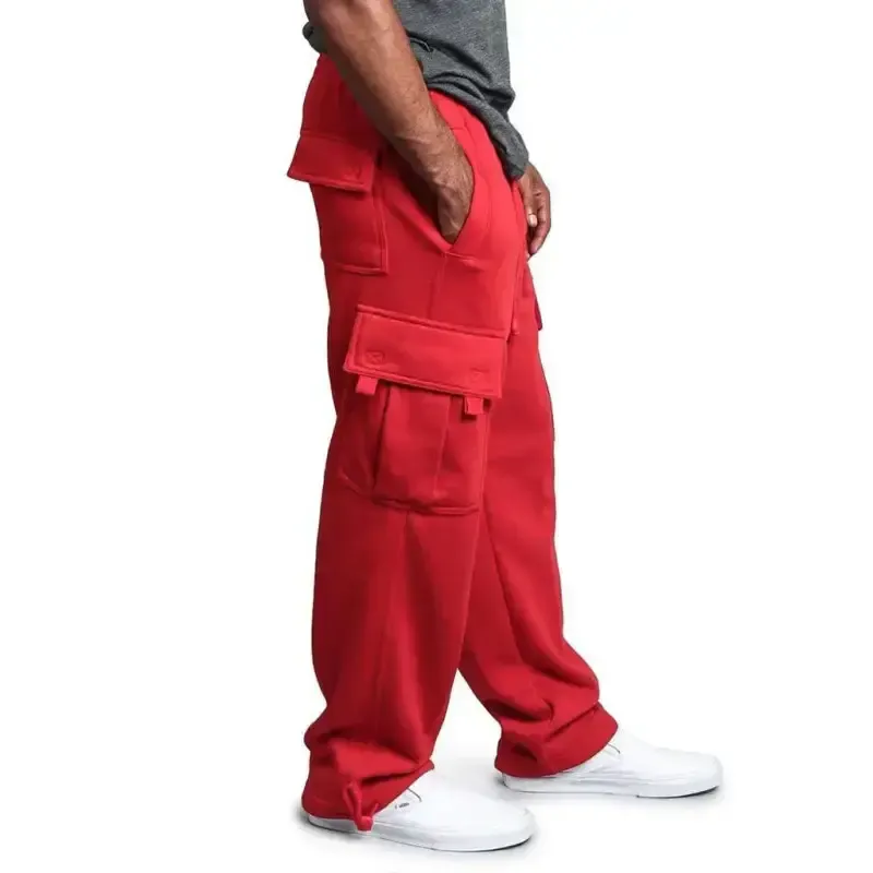 Men’s solid color elastic waist multi-pocket loose fit cargo pants