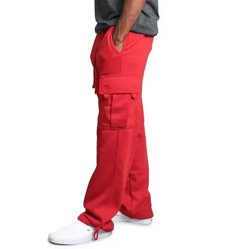 Men’s solid color elastic waist multi-pocket loose fit cargo pants