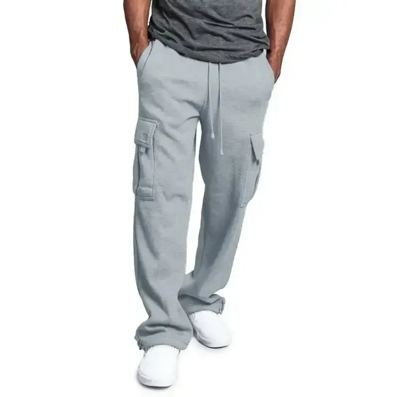 Men’s solid color elastic waist multi-pocket loose fit cargo pants