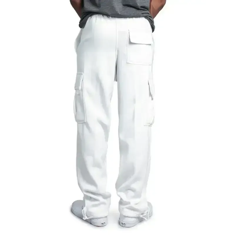 Men’s solid color elastic waist multi-pocket loose fit cargo pants
