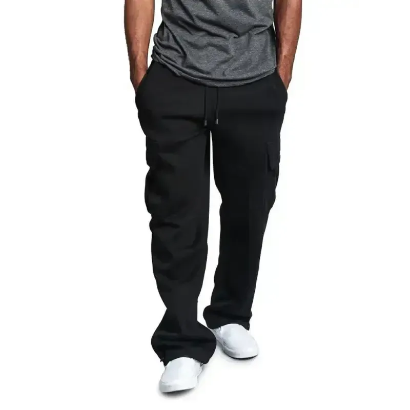 Men’s solid color elastic waist multi-pocket loose fit cargo pants