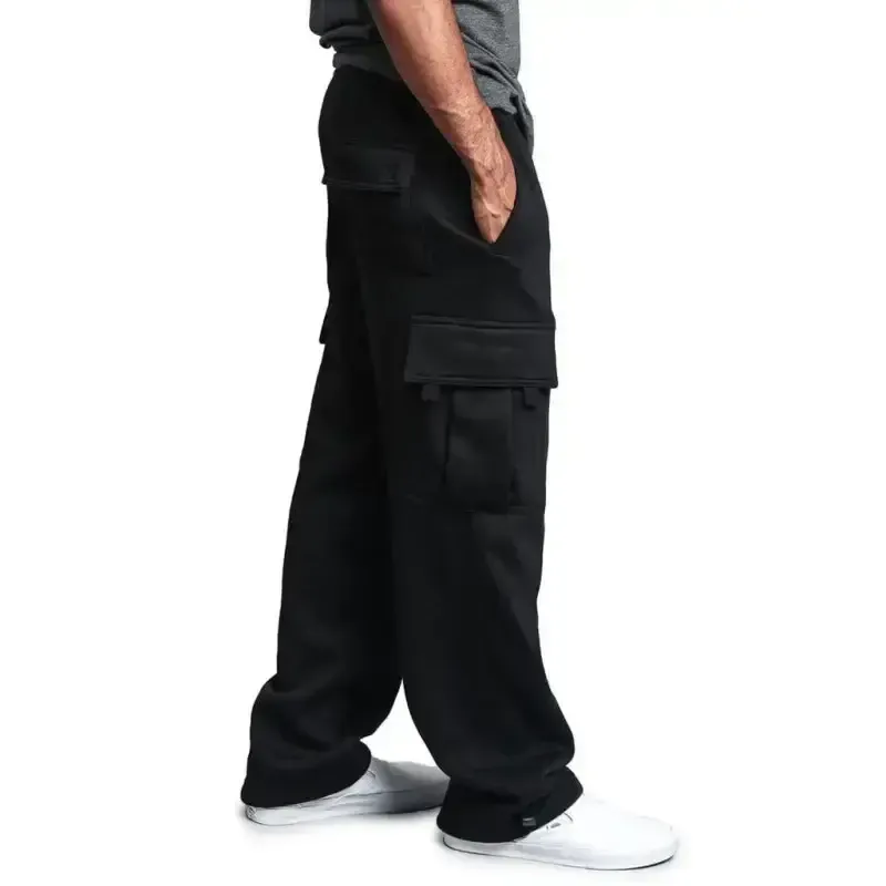 Men’s solid color elastic waist multi-pocket loose fit cargo pants