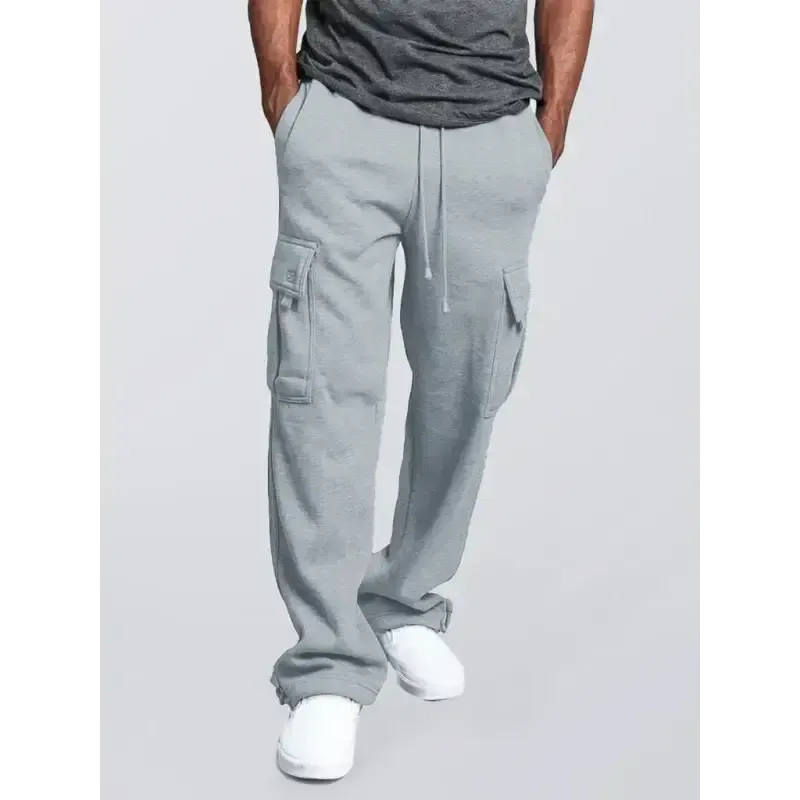 Men’s solid color elastic waist multi-pocket loose fit cargo pants
