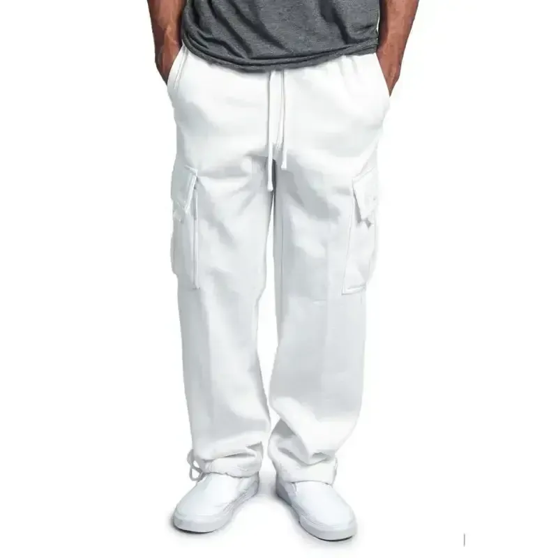 Men’s solid color elastic waist multi-pocket loose fit cargo pants
