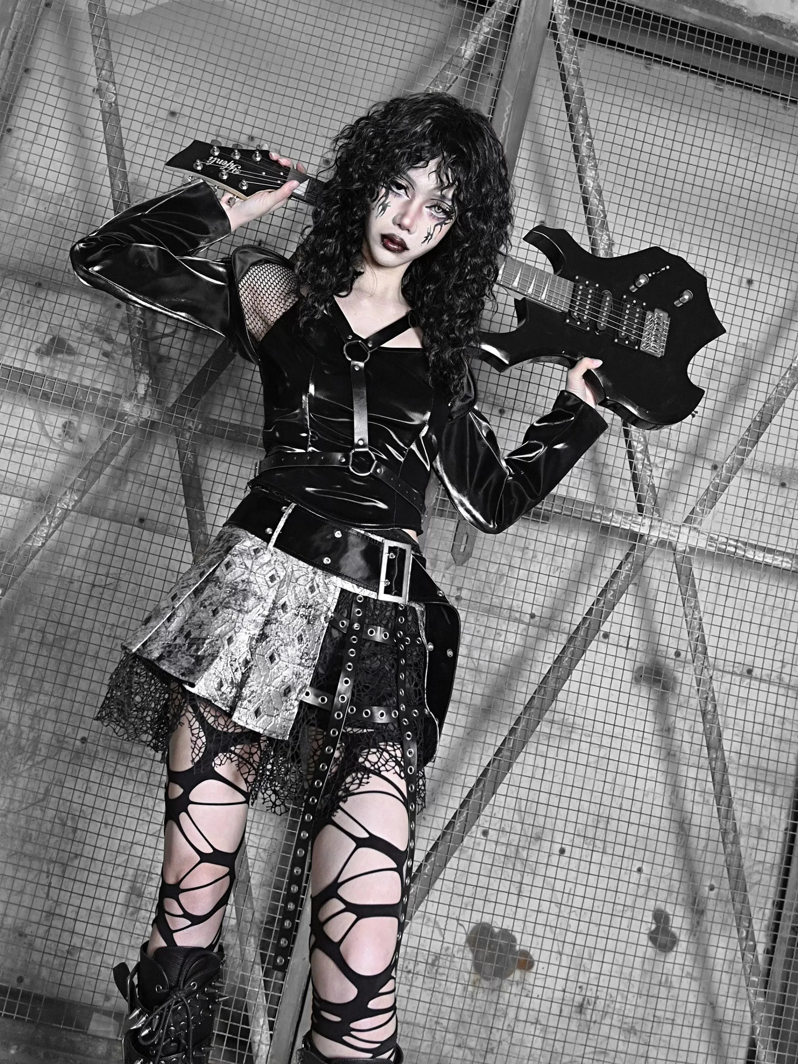 Mesh Top Punk Slim Gothic Wing PU Sheer Liquid