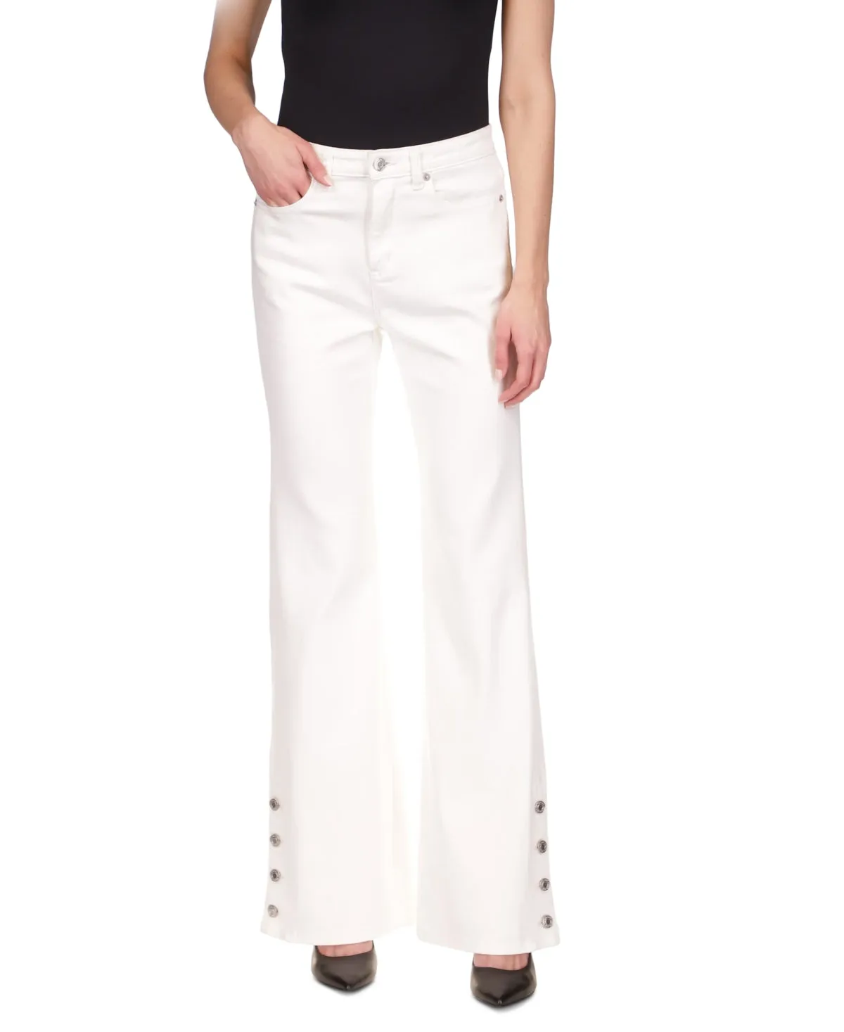 Michael Kors Women's Selma Shank Button Hem Flare Leg Denim Jeans White