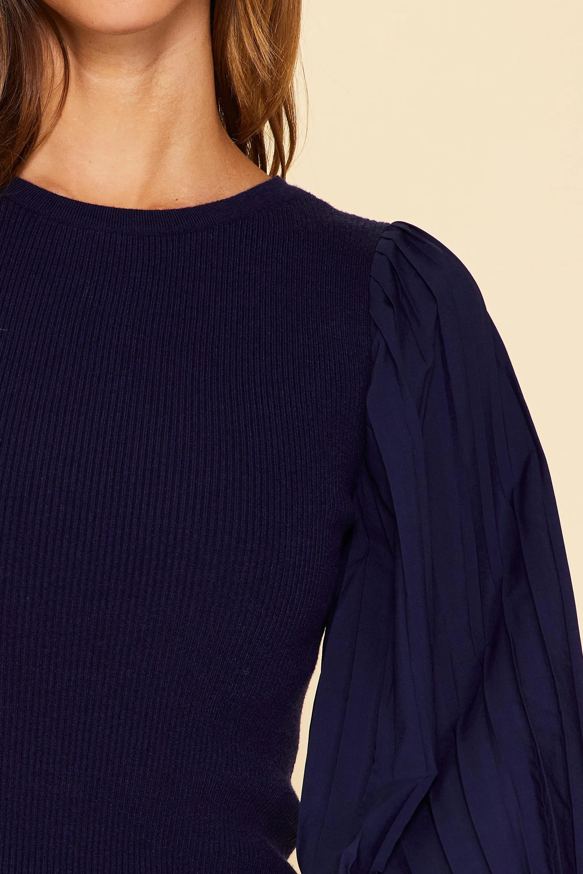 Mixed Media Pleated Sleeve Navy Top