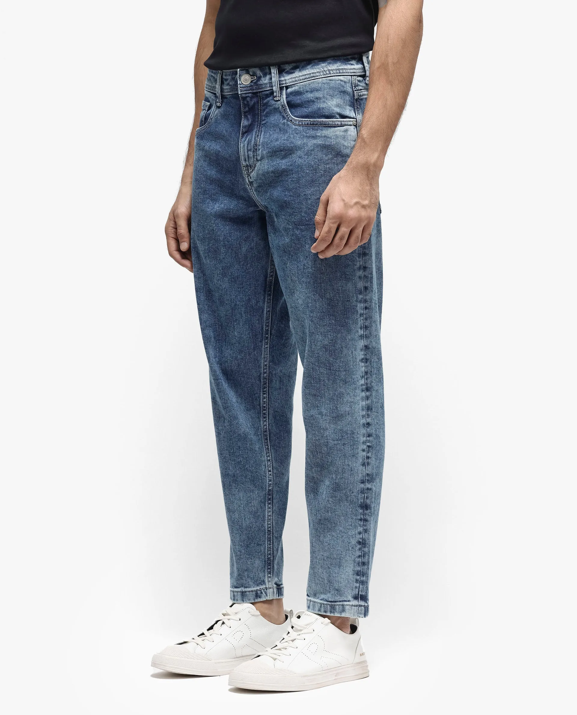 Rare Rabbit Men's Sam-2 Light Blue Mid-Wash Mid-Rise Carrot Fit Jeans