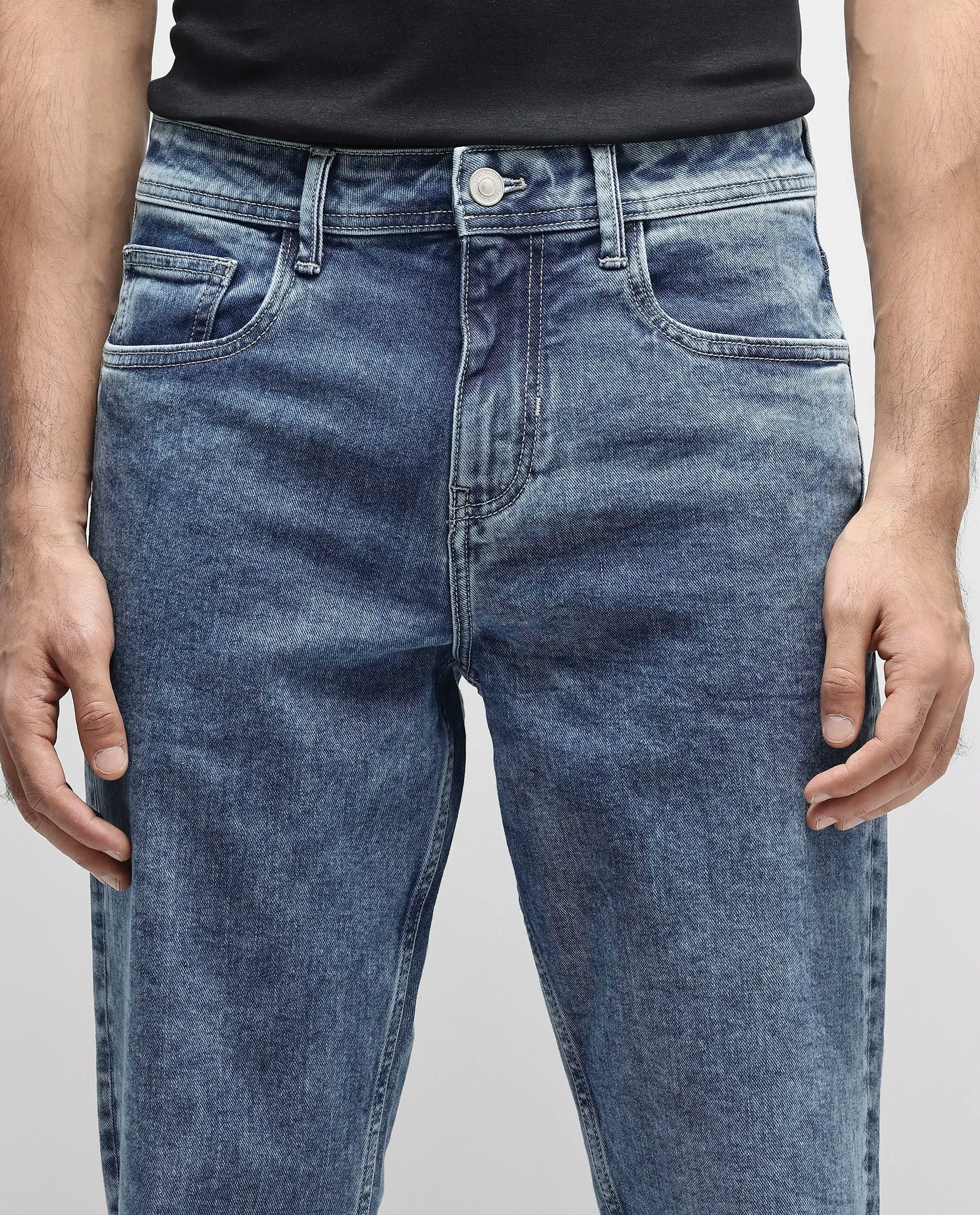 Rare Rabbit Men's Sam-2 Light Blue Mid-Wash Mid-Rise Carrot Fit Jeans